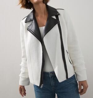 CHICO'S Tweed and Faux Leather Moto Jacket Asymmetric Full Zip White Black Large